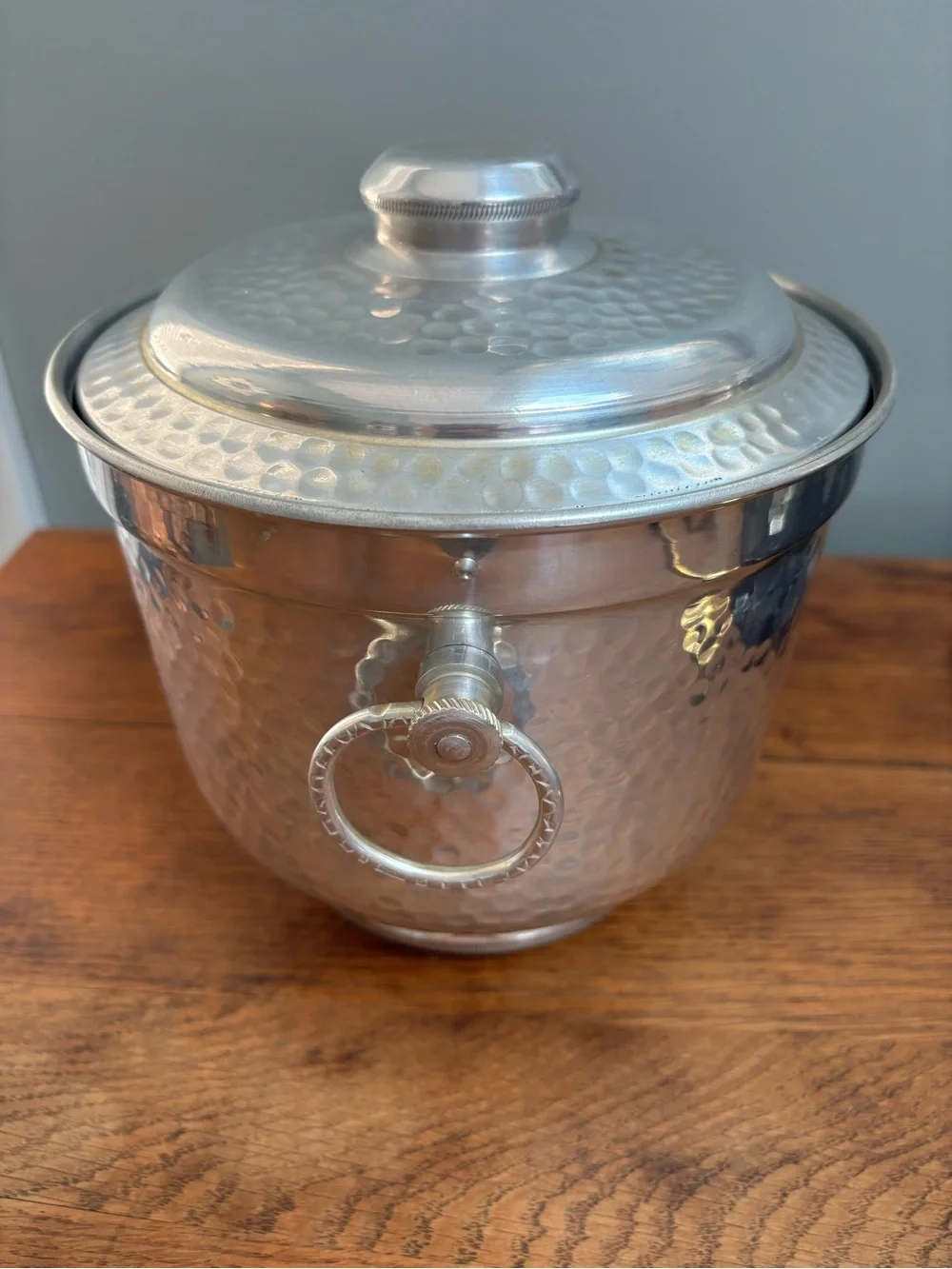 1950s MCM Silver Hammered Aluminum Ice Bucket with Lid. Made in Italy. Barware